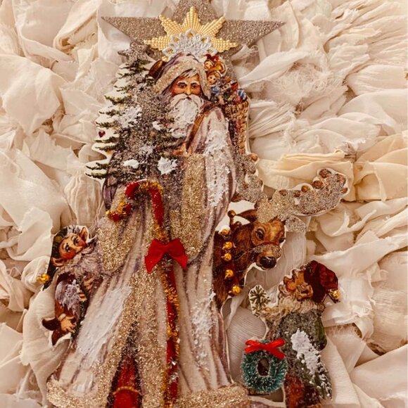 SANTA CLAUS*ST. NICHOLAS*CHRISTMAS DRESDEN VICTORIAN ORNAMENT*ELVES REINDEER WOW - Picture 4 of 6